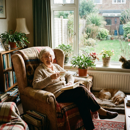 Ältere Dame entspannt sich in einem komfortablen Sessel