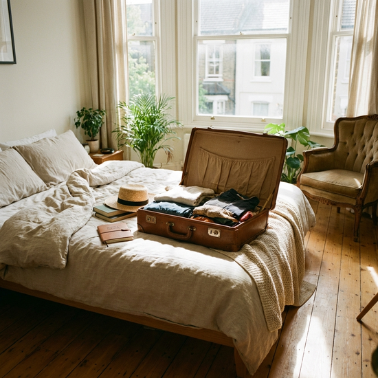 Gepackter Koffer auf einem Bett in einem hellen Schlafzimmer
