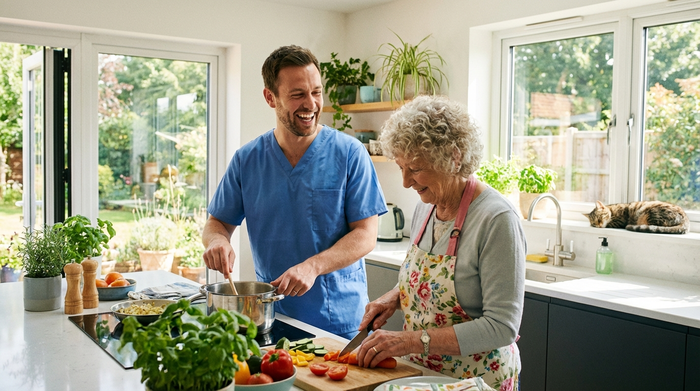 Pflegekraft und Senior kochen gemeinsam in einer hellen Küche