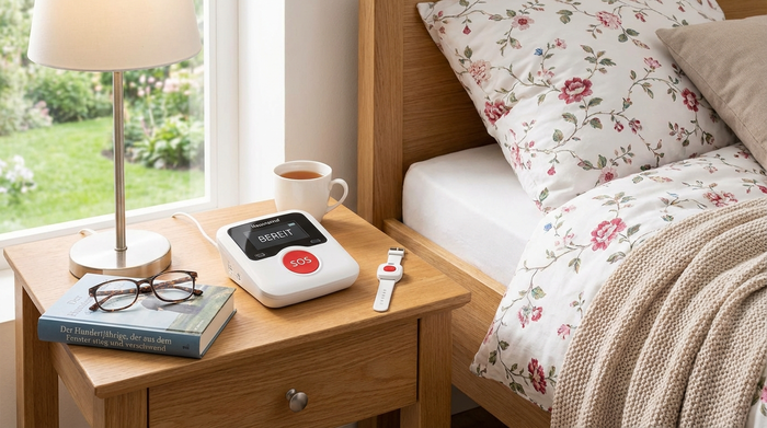 Hausnotruf-Gerät auf Nachttisch neben Bett