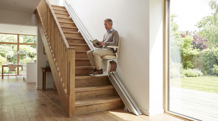 Moderner Treppenlift an einer geraden Holztreppe