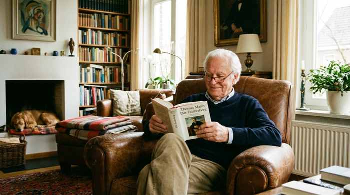 Älterer Herr sitzt entspannt in seinem gemütlichen Wohnzimmer und liest ein Buch