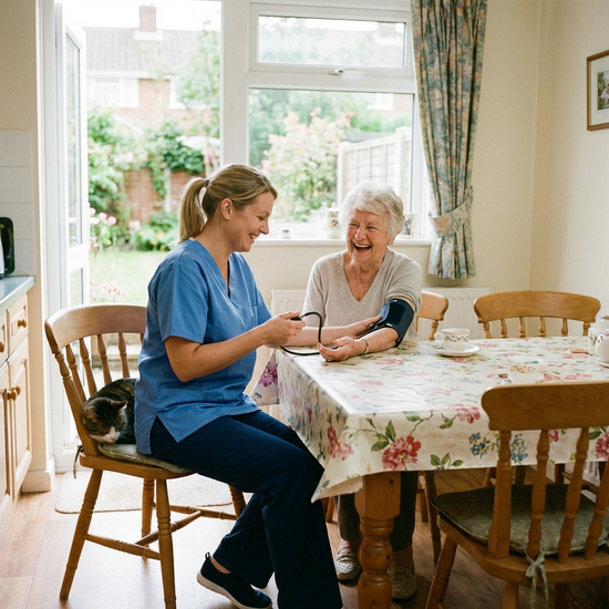 Pflegerin misst den Blutdruck einer lächelnden Seniorin am Küchentisch