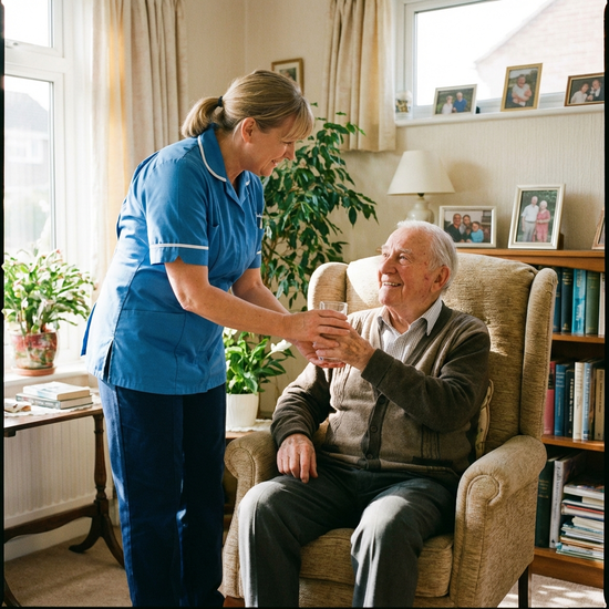 Pflegekraft reicht einem älteren Mann ein Glas Wasser
