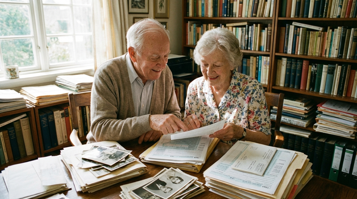 Älteres Ehepaar sitzt am Schreibtisch und sortiert gemeinsam Dokumente