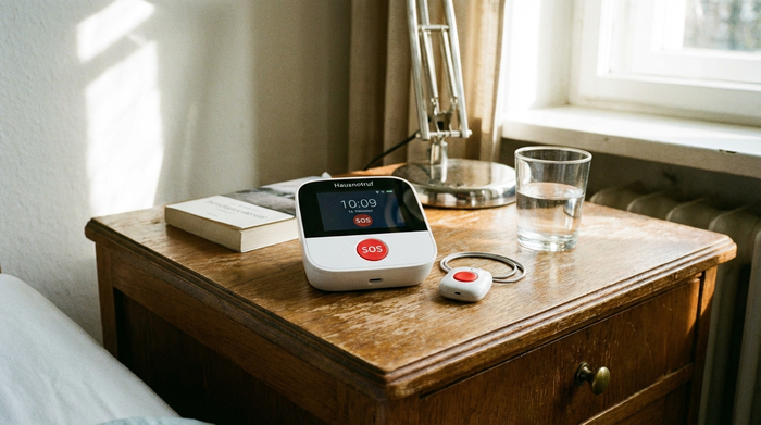 Hausnotruf-Gerät mit rotem Knopf auf einem Nachttisch