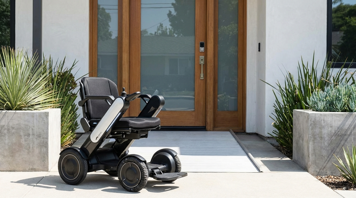 Moderner elektrischer Rollstuhl vor einer Haustür