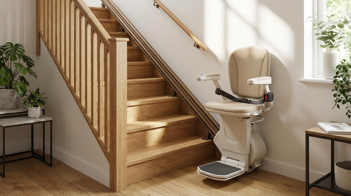 Sicherer Treppenlift an einer geraden Holztreppe