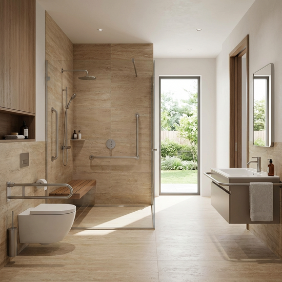 Modernes, barrierefreies Badezimmer mit bodengleicher Dusche und Haltegriffen