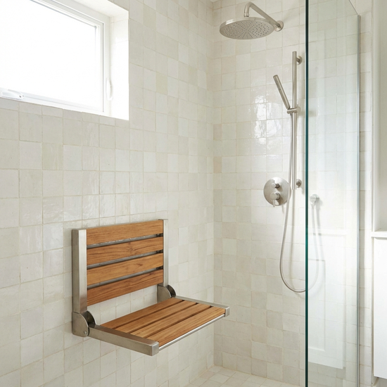 Klappbarer Duschsitz in einer hell gefliesten Duschkabine