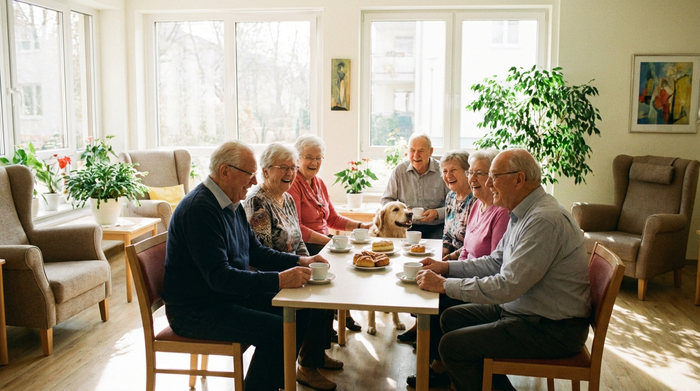 Senioren sitzen fröhlich beisammen und trinken Kaffee in einer hellen Tagespflege-Einrichtung