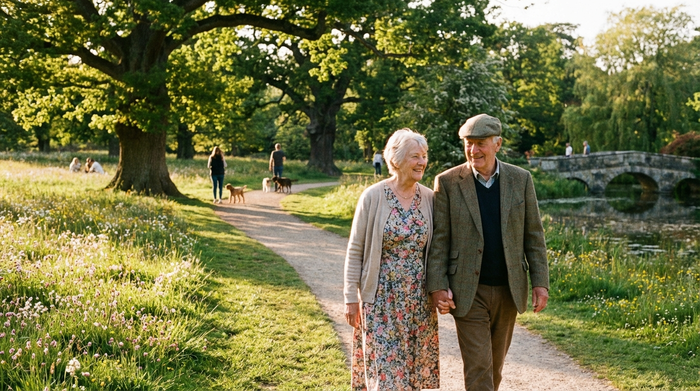 Älteres Ehepaar spaziert entspannt durch einen grünen Park an einem sonnigen Tag