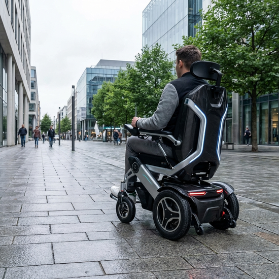 Moderner elektrischer Rollstuhl auf einem gepflasterten Gehweg