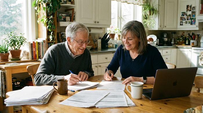 Senior und Tochter füllen gemeinsam Dokumente am Küchentisch aus