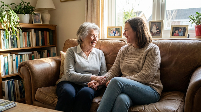 Seniorin und ihre Tochter sitzen in vertrautem Gespräch auf dem Sofa