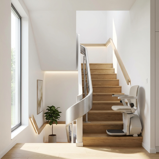 Moderner Treppenlift in einem hellen, gepflegten Treppenhaus