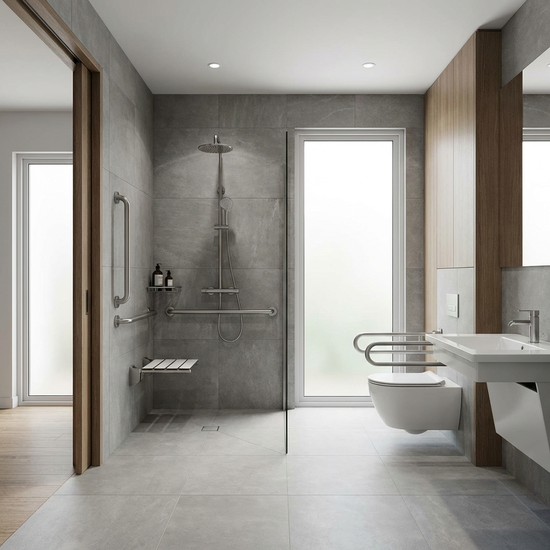 Modernes, barrierefreies Badezimmer mit Haltegriffen und ebenerdiger Dusche