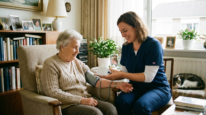 Pflegerin misst den Blutdruck bei einer älteren Dame im Wohnzimmer