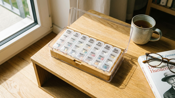 Übersichtlicher Medikamentendosierer auf einem Beistelltisch