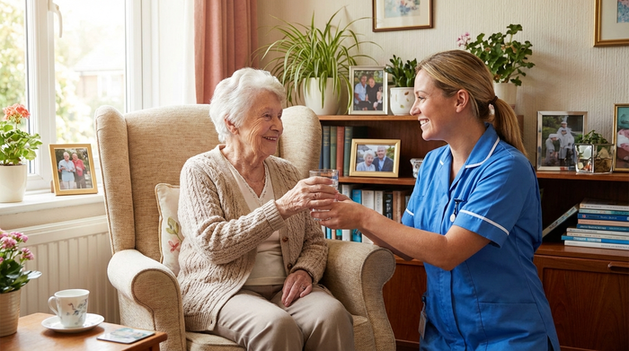 Freundliche Pflegerin reicht einer Seniorin ein Glas Wasser