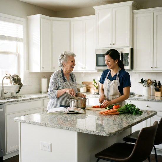Ältere Dame und Betreuungskraft kochen gemeinsam in einer sauberen Küche