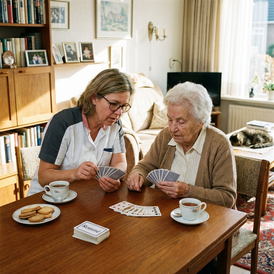 Betreuungskraft und Senior spielen konzentriert ein Kartenspiel am Esstisch