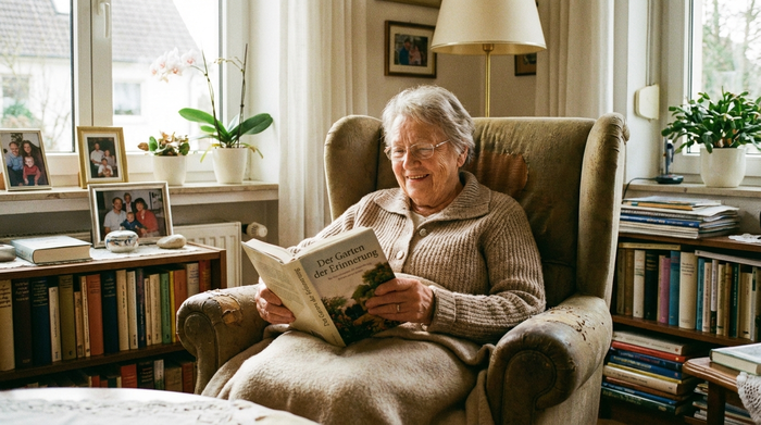 Zufriedene Seniorin sitzt entspannt in einem bequemen Sessel und liest ein Buch