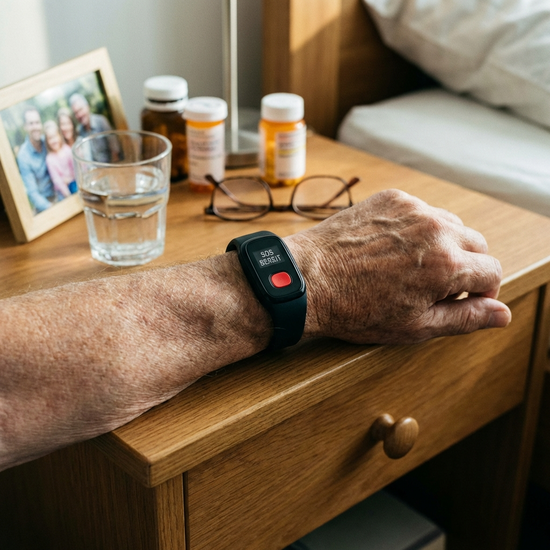 Hausnotruf-Gerät am Handgelenk eines Seniors auf einem Nachttisch