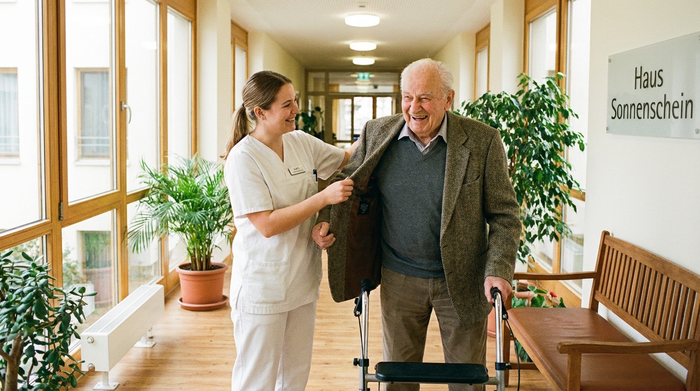 Freundliche Pflegerin hilft älterem Herrn beim Anziehen einer Jacke in einem hellen Flur