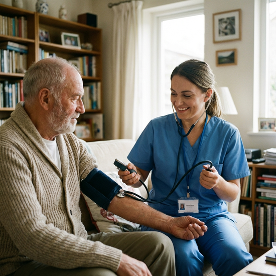 Medizinische Pflegekraft in Dienstkleidung misst den Blutdruck eines älteren Patienten