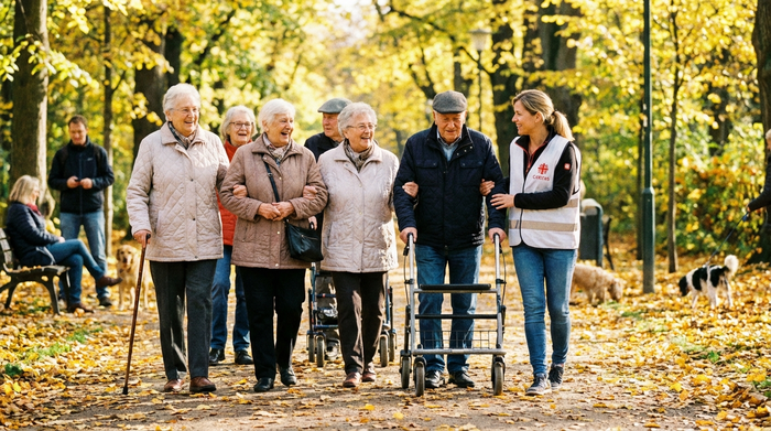 Senioren beim gemeinsamen Spaziergang im Park, begleitet von einer aufmerksamen Betreuerin