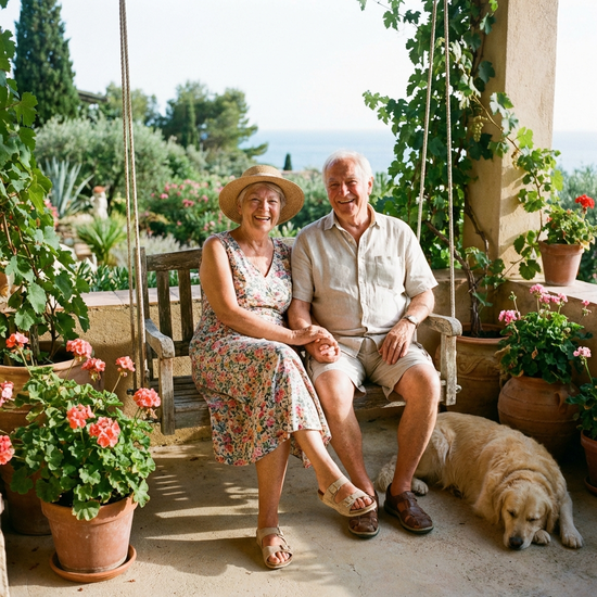 Ein älteres Ehepaar entspannt sich lächelnd auf einer sonnigen Terrasse