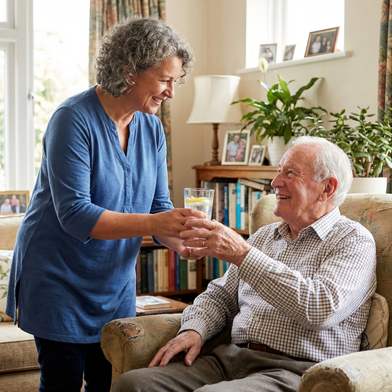 Eine freundliche Ersatzpflegekraft reicht einem Senior ein frisches Glas Wasser