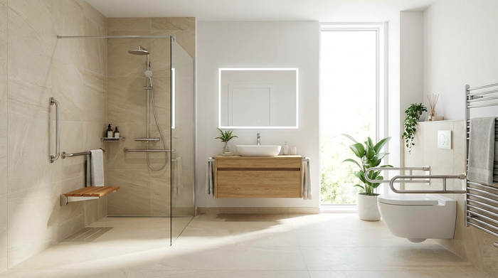 Modernes, helles Badezimmer mit einer bodengleichen Dusche, Haltegriffen und einem Duschsitz