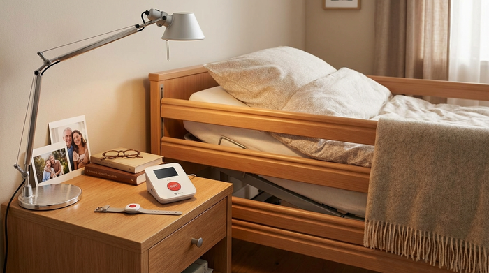 Kompaktes Hausnotruf-Gerät steht griffbereit auf einem Nachttisch neben einem Pflegebett