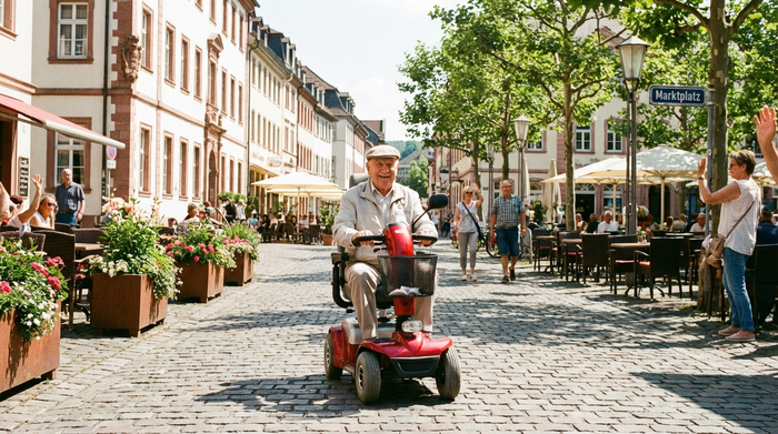 Rüstiger Senior fährt an einem sonnigen Tag mit einem Elektromobil durch eine gepflegte Fußgängerzone