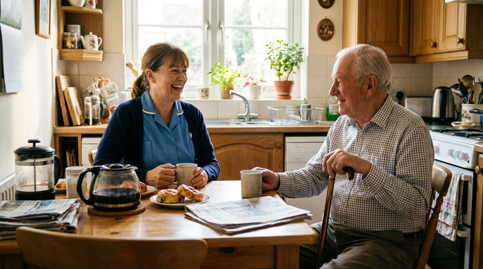 Pflegerin und Senior im entspannten Gespräch am Küchentisch bei einer Tasse Kaffee