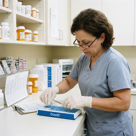 Professionelle Pflegekraft sortiert sorgfältig Medikamente in einem Dosett