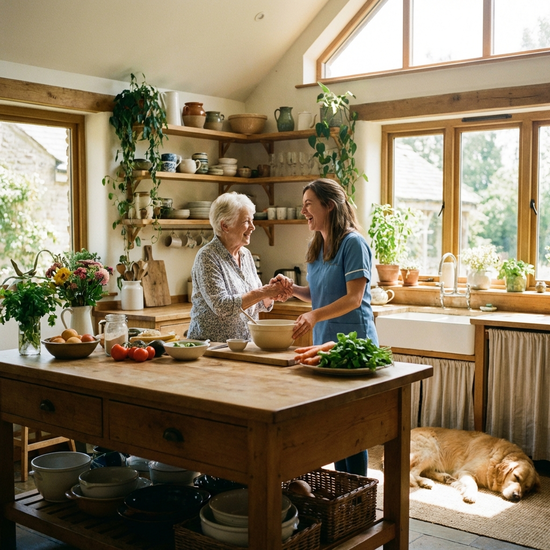 Freundliche Haushaltshilfe beim gemeinsamen Kochen mit einer Seniorin in einer hellen Küche