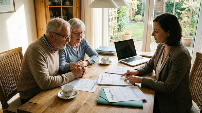 Älteres Ehepaar sichtet gemeinsam mit einer Beraterin Dokumente zur Pflegeversicherung an einem Tisch