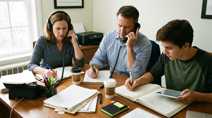 Angehörige telefonieren am Schreibtisch und machen sich konzentriert Notizen
