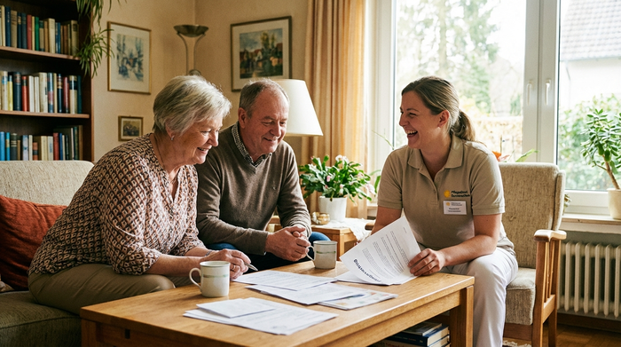 Pflegekraft und Angehörige besprechen entspannt den Pflegevertrag im Wohnzimmer