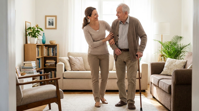 Pflegekraft unterstützt einen Senior behutsam beim sicheren Gehen in der Wohnung