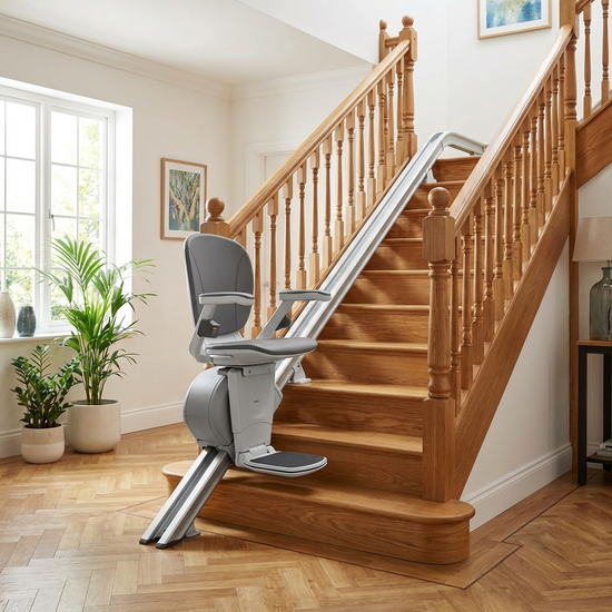 Moderner Treppenlift an einer Holztreppe in einem gepflegten Einfamilienhaus