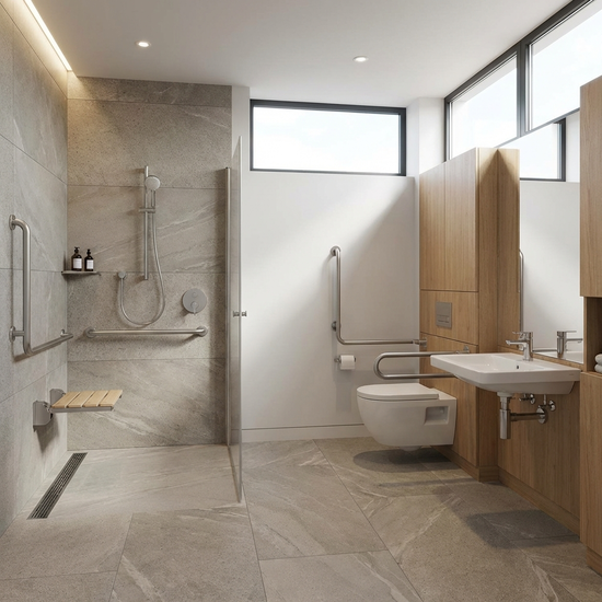 Modernes, barrierefreies Badezimmer mit ebenerdiger Dusche und Haltegriffen