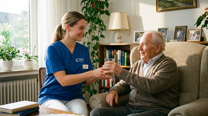 Professionelle Pflegekraft in Dienstkleidung reicht einem älteren Herrn im Sessel ein Glas Wasser.