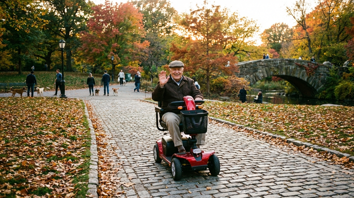 Rüstiger Senior fährt mit einem roten Elektromobil auf einem gepflasterten Gehweg im Park.
