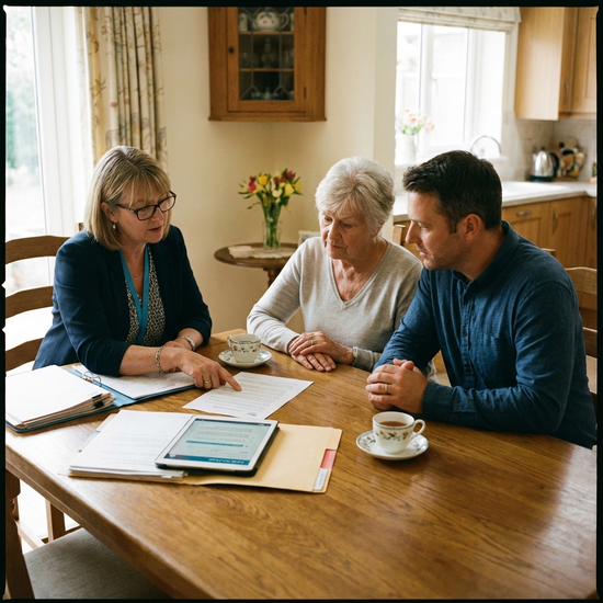 Pflegeberaterin und Angehörige sitzen gemeinsam am Tisch und besprechen Unterlagen zur Pflegeplanung.