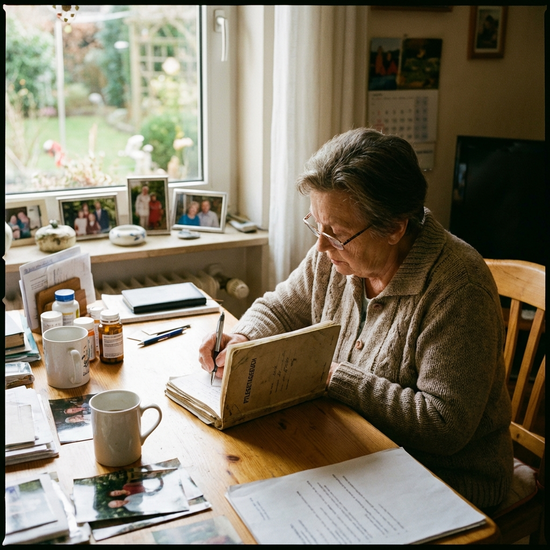 Angehörige notiert wichtige Details in ein Pflegetagebuch am heimischen Schreibtisch.