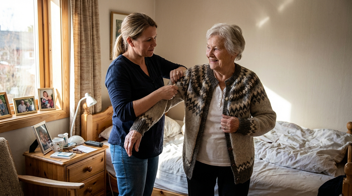 Pflegerin hilft einer Seniorin beim Anziehen einer Strickjacke im Schlafzimmer.